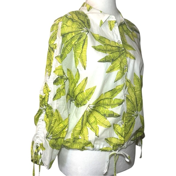 Mark New York Green Ruched 3/4 Sleeve Blouse with Tie Front Medium - Picture 3 of 5